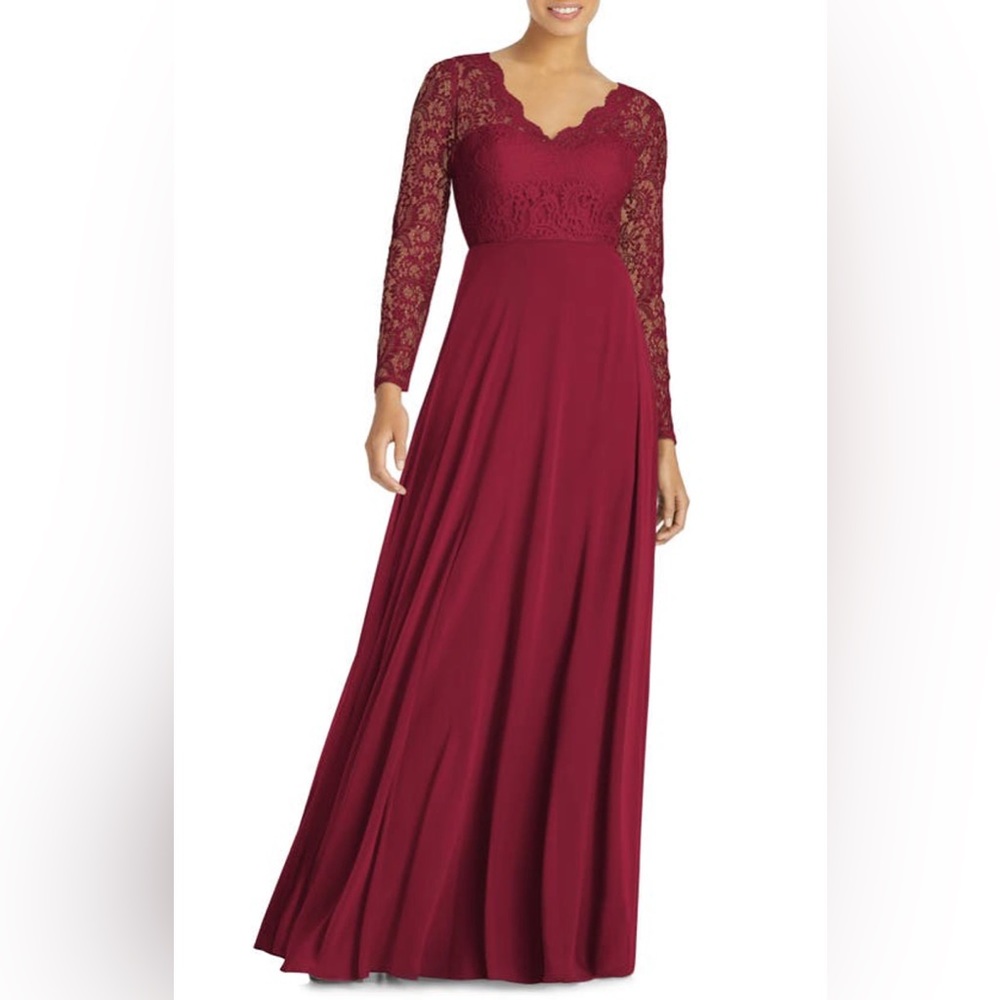 🆕 Dessy Collection Long Sleeve Lace & Chiffon A-Line Gown Sz18 Burgundy NWT